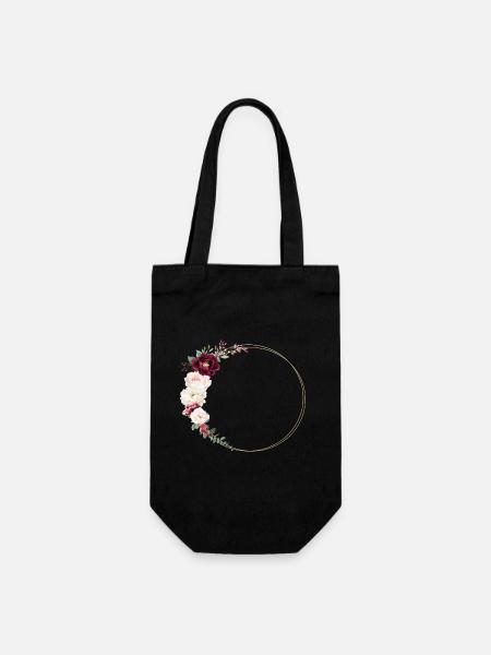 Burgund, Weiß, Rosa, Blumekranz, personalisierbar - Geschenkbeutel für Flaschen - Schwarz