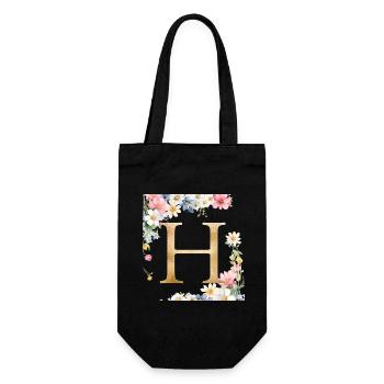 H Monogramm, Floral, personalisierbar - Geschenkbeutel für Flaschen - Schwarz - Vorne