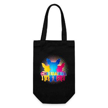 Bunte Chihuahua Silhouetten mit Pop-Art Schriftzug - Geschenkbeutel für Flaschen - Schwarz - Vorne