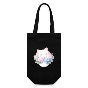 Süße weiße Katze in Hortensien – Kawaii Design - Geschenkbeutel für Flaschen - Schwarz - Vorne