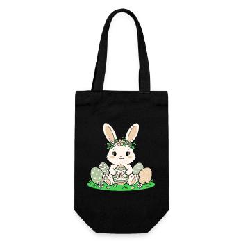 Osterhäschen mit Blütenkranz - Geschenkbeutel für Flaschen - Schwarz - Vorne