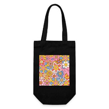 Retro Flower Power Pattern – 70s Hippie Floral  - Geschenkbeutel für Flaschen - Schwarz - Vorne