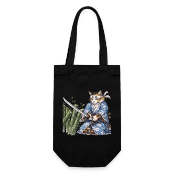 Samurai Cat with Katana – Japanese Ukiyo-e Style - Gift Bag for Bottles - black - Front