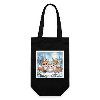 Süße Winterwald Tiere – Fuchs, Hase und Rehkitz  - Geschenkbeutel für Flaschen - Schwarz - Vorne