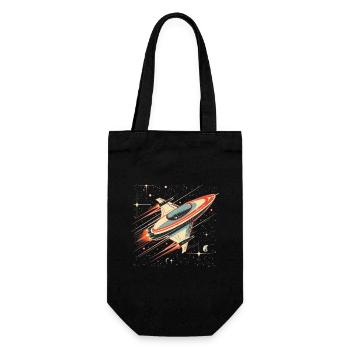 Retro-futuristisches weiß-orangefarbenes Raumschiff bewegt sich - Geschenkbeutel für Flaschen - Schwarz - Vorne