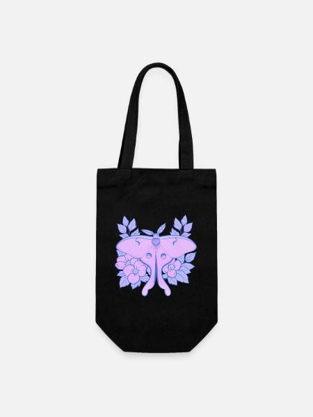 Pastell-Mond-Motte und Hibiskus-Floral - Geschenkbeutel für Flaschen - Schwarz