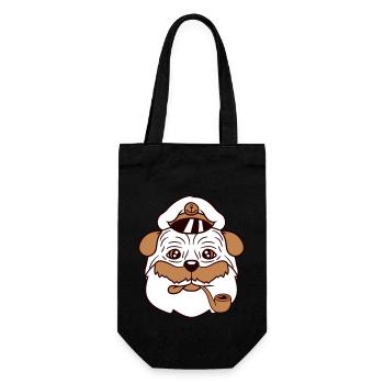 Mops Hund Kapitän Gesicht Lustig Süß Cartoon Comic - Geschenkbeutel für Flaschen - Schwarz - Vorne