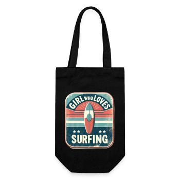 Mädchen, das es liebt, Retro-Surfbrett zu surfen - Geschenkbeutel für Flaschen - Schwarz - Vorne