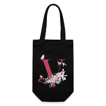 Lettre v floral -idée cadeau - Sac à bouteille - noir - Devant