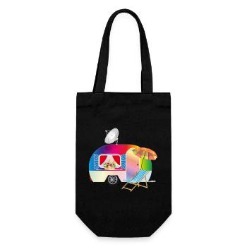 Bunter Retro-Wohnwagen mit Liegestuhl - Geschenkbeutel für Flaschen - Schwarz - Vorne