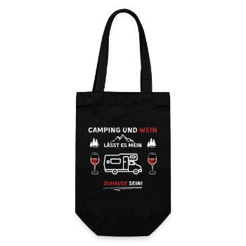 Camping und Wein - Spruch - Geschenkbeutel für Flaschen - Schwarz - Vorne