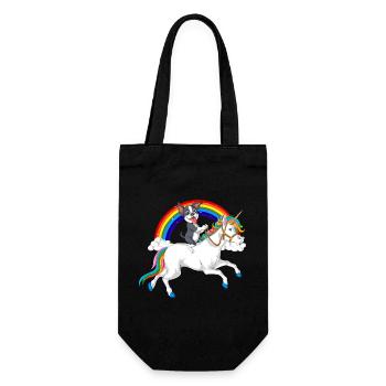 Verspielter Boston Terrier Welpe und Regenbogen-Einhorn - Geschenkbeutel für Flaschen - Schwarz - Vorne