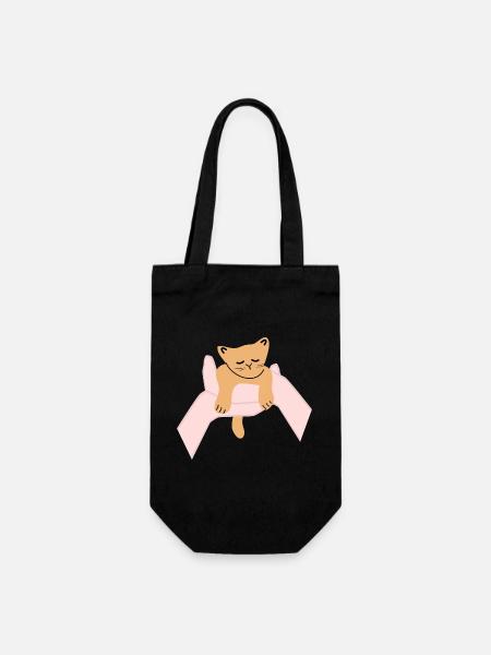 Le chat est assis dans la paume humaine - Sac à bouteille - noir