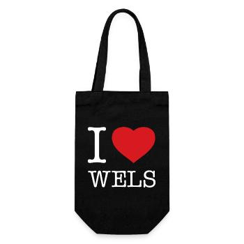 I Love Wels - Geschenkbeutel für Flaschen - Schwarz - Vorne