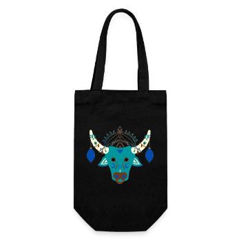 Blauer Stier mit festlichem Kopfschmuck - Geschenkbeutel für Flaschen - Schwarz - Vorne