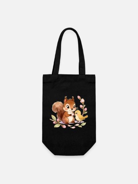 Eichhörnchen und Vogel zwischen Blumen – 🐿🐦 Aquarell - Geschenkbeutel für Flaschen - Schwarz