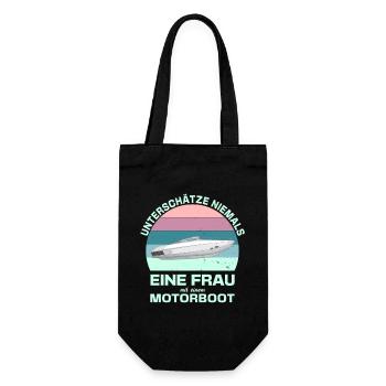 Unterschätze niemals eine Frau am Motorboot - Geschenkbeutel für Flaschen - Schwarz - Vorne