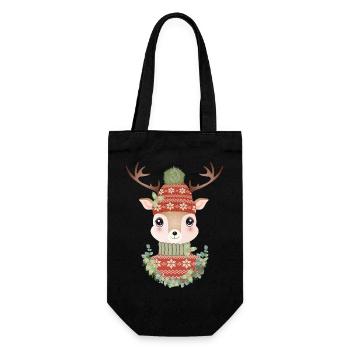 niedlicher Hirsch mit Pullover,Bommelmütze & Kranz - Geschenkbeutel für Flaschen - Schwarz - Vorne