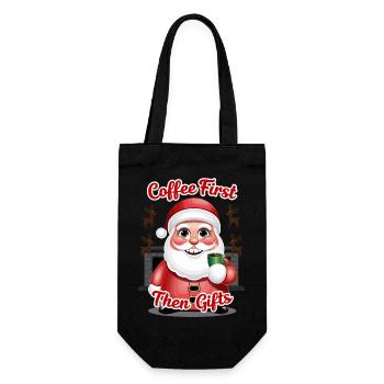 Weihnachtsmann mit Kaffee - Geschenkbeutel für Flaschen - Schwarz - Vorne