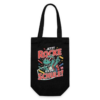 Dino T-Shirt Einschulung – Jetzt rocke ich Schule - Geschenkbeutel für Flaschen - Schwarz - Vorne