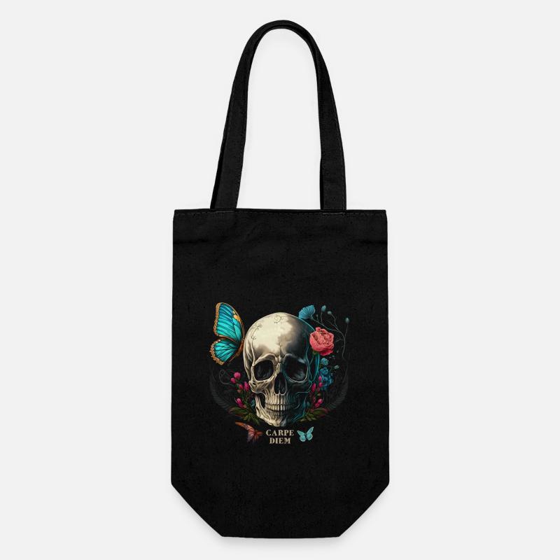 carpe diem - crâne, papillon, fleurs - Sac à bouteille - noir