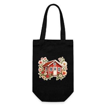 Rotes Schwedenhaus mit Blumen im Tinyhaus Stil  - Geschenkbeutel für Flaschen - Schwarz - Vorne