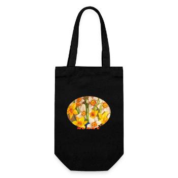 Sunny – Leuchtend gelbe Narzissen Ovale Kunst - Geschenkbeutel für Flaschen - Schwarz - Vorne