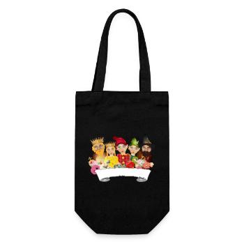 Fünf Figuren aus dem Ensemble des Kasperltheaters - Geschenkbeutel für Flaschen - Schwarz - Vorne