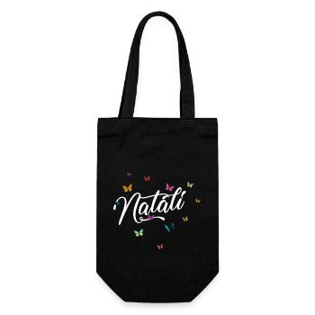 NATALI - Mädchen Name mit bunten Schmetterlingen - Geschenkbeutel für Flaschen - Schwarz - Vorne