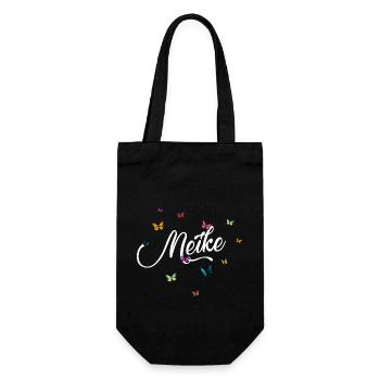 MEIKE - Mädchen Name mit bunten Schmetterlingen - Geschenkbeutel für Flaschen - Schwarz - Vorne