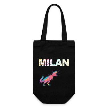 MILAN - Schöner Jungen Name mit Dinosaurier - Geschenkbeutel für Flaschen - Schwarz - Vorne