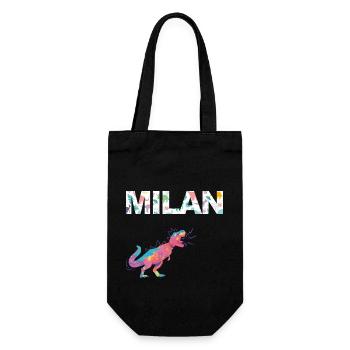 MILAN - Schöner Jungen Name mit Dinosaurier - Geschenkbeutel für Flaschen - Schwarz - Vorne