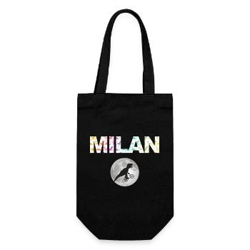 MILAN - Schöner Jungen Name mit Dinosaurier - Geschenkbeutel für Flaschen - Schwarz - Vorne