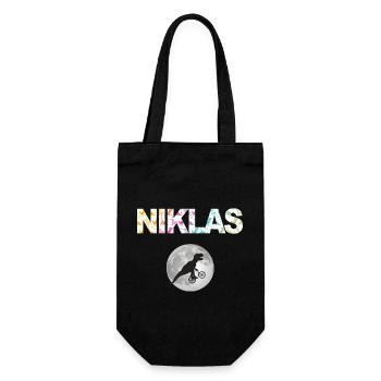 NIKLAS - Schöner Jungen Name mit Dinosaurier - Geschenkbeutel für Flaschen - Schwarz - Vorne
