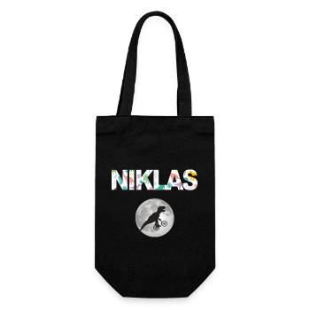 NIKLAS - Schöner Jungen Name mit Dinosaurier - Geschenkbeutel für Flaschen - Schwarz - Vorne
