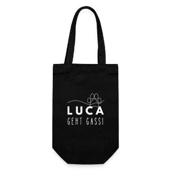 Luca geht Gassi Namensshirt Hundepfote Hundeleine - Geschenkbeutel für Flaschen - Schwarz - Vorne