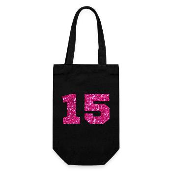 Nummer 15 Pink Glitter - 15-jähriges Jubiläum - Geschenkbeutel für Flaschen - Schwarz - Vorne