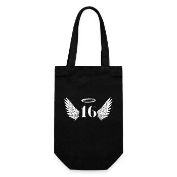 Nummer 16 Engel - Flügel zum 16. Geburtstag - Geschenkbeutel für Flaschen - Schwarz - Vorne