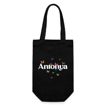 Schöner Mädchenname mit Schmetterlingen ANTONYA - Geschenkbeutel für Flaschen - Schwarz - Vorne