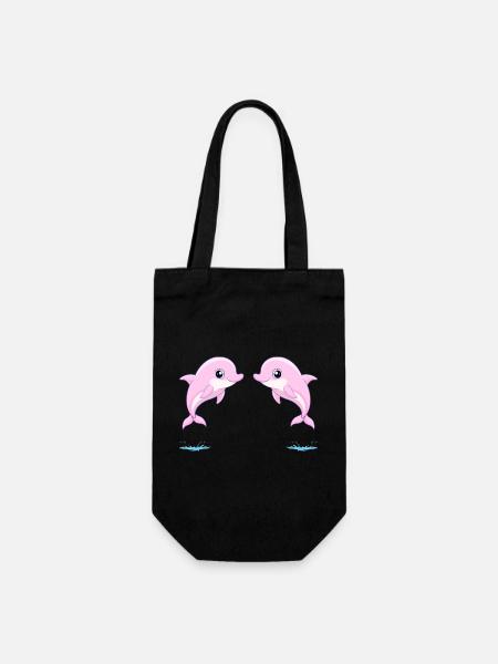 Zwei rosa Baby-Zwillingsdelfine, die freudig springen - Geschenkbeutel für Flaschen - Schwarz