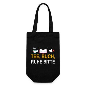 Tee, Buch, Ruhe bitte – Spruch für Leseratten - Geschenkbeutel für Flaschen - Schwarz - Vorne