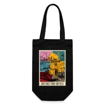 Sheffield England UK Stadt Skyline Briefmarke Bunt - Geschenkbeutel für Flaschen - Schwarz - Vorne