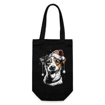Jack Russell Terrier mit Weihnachtsmütze und Stern - Geschenkbeutel für Flaschen - Schwarz - Vorne