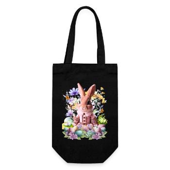 Rosa Pastellhase im Blütenmeer - Geschenkbeutel für Flaschen - Schwarz - Vorne