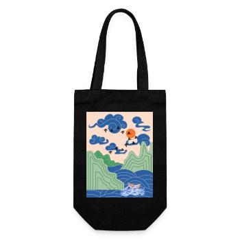 Korean Art Design with Cranes & Origami Boat - Gift Bag for Bottles - black - Front