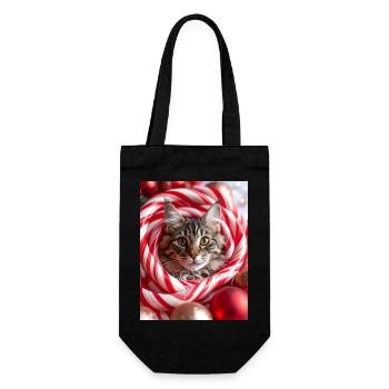 Weihnachtskatze zwischen Zuckerstangen - Geschenkbeutel für Flaschen - Schwarz - Vorne