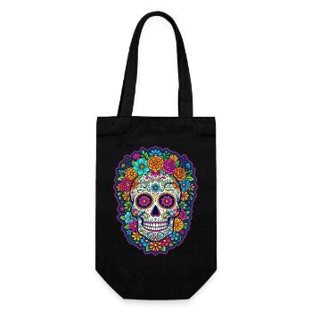 Mexikanischer Schädel, Zucker, Schädelblüten - Geschenkbeutel für Flaschen - Schwarz - Vorne