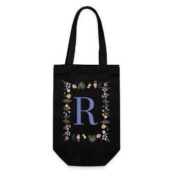 Floral Initialen "R", Buchstaben Monogramm - Geschenkbeutel für Flaschen - Schwarz - Vorne