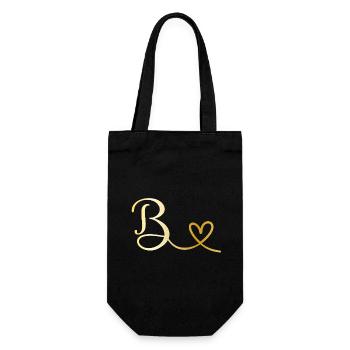 B goldenes Monogramm mit Herz - Geschenkbeutel für Flaschen - Schwarz - Vorne