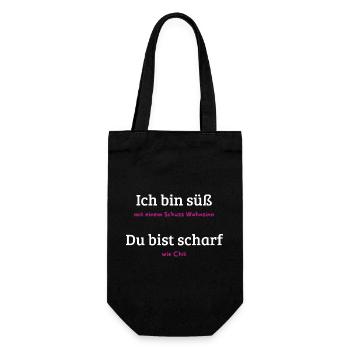 Süß mit Schuss Wahnsinn und Chili - Geschenkbeutel für Flaschen - Schwarz - Vorne